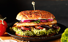 OMG burger with grilled vegetables & chicken steaks