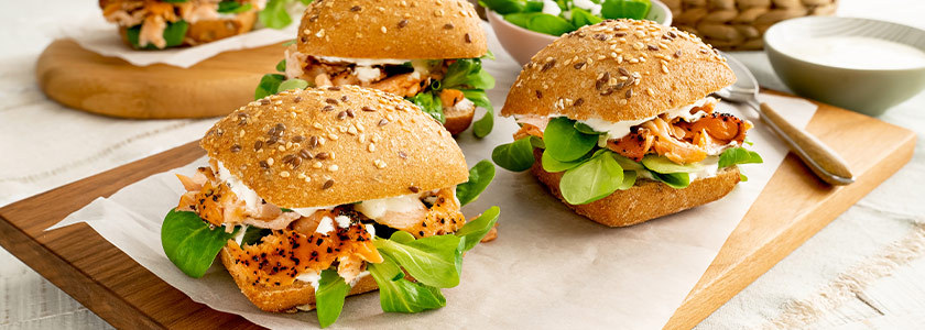 Flame-cured salmon on organic spelt rolls