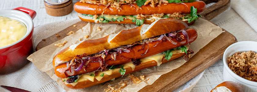 Lye hot dog with fried onions